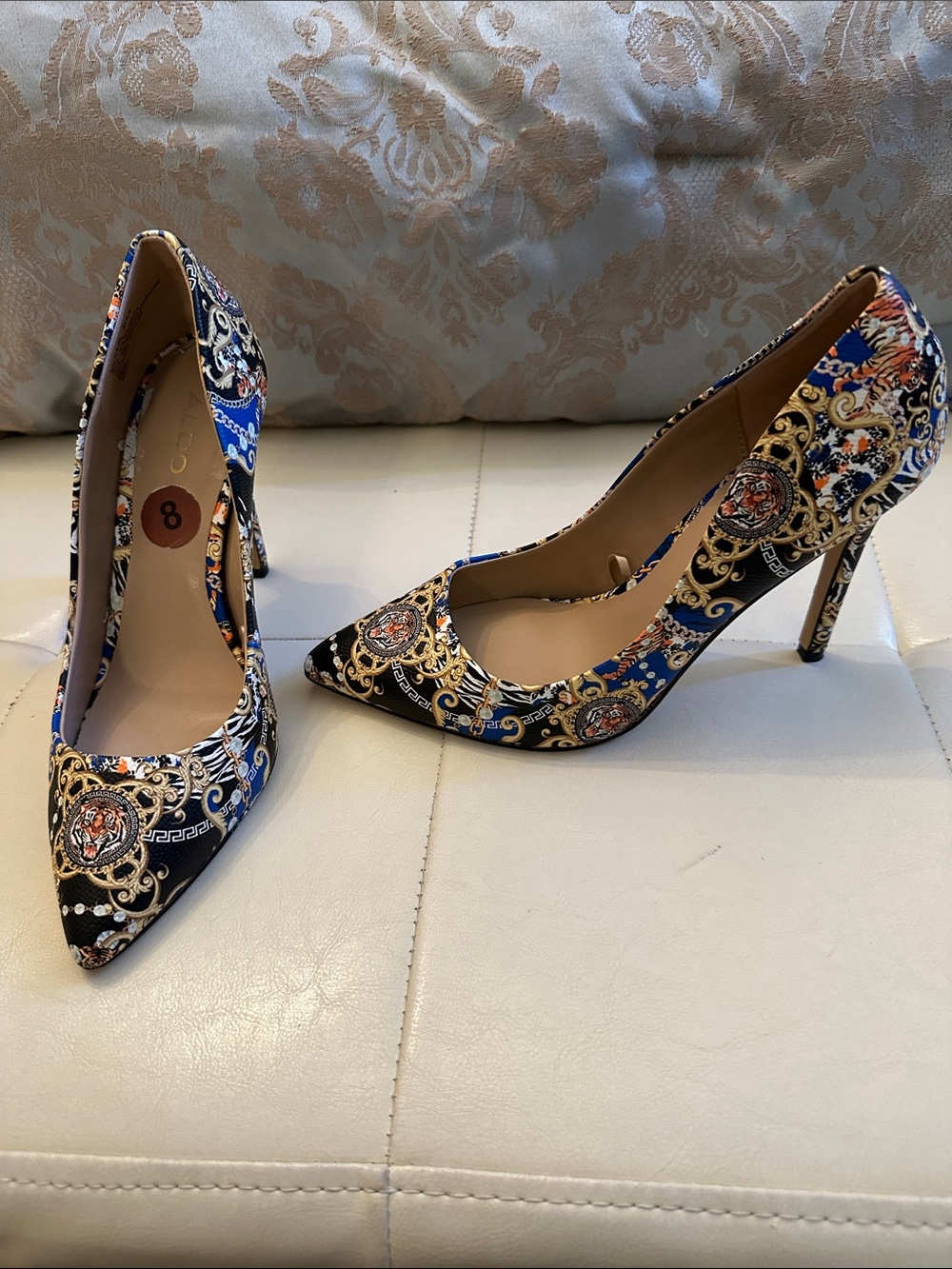 Aldo Blue and Black Baroque Medallion Pointed Toe Heels